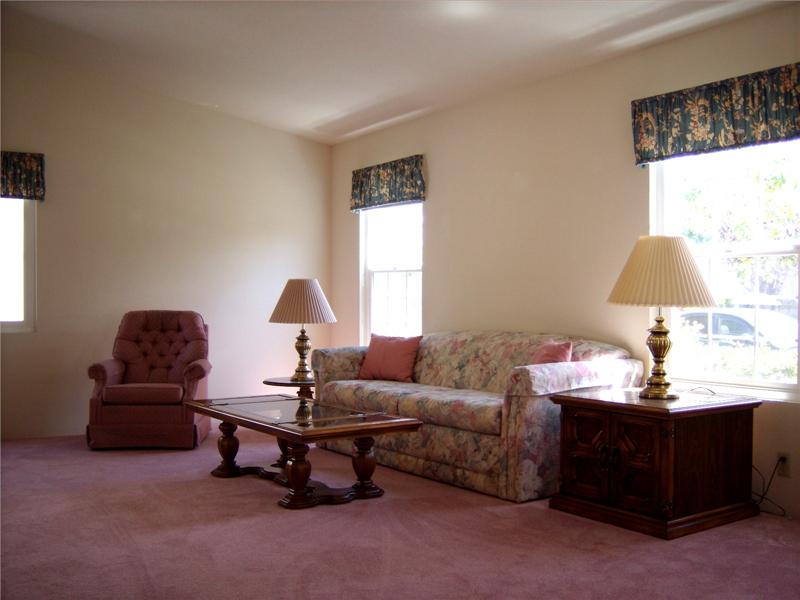 LIving room with vaulted ceilings and new windows