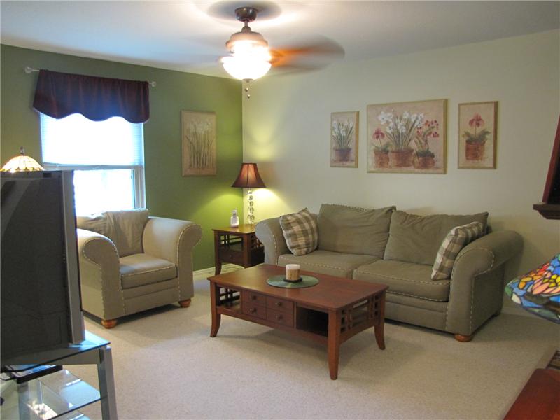 Handsome Living Room with Ceiling Fan