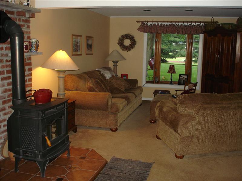 Family room, bay window over koi pond