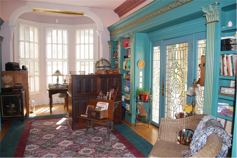 Library Featuring Leaded Glass French Doors to Gazebo